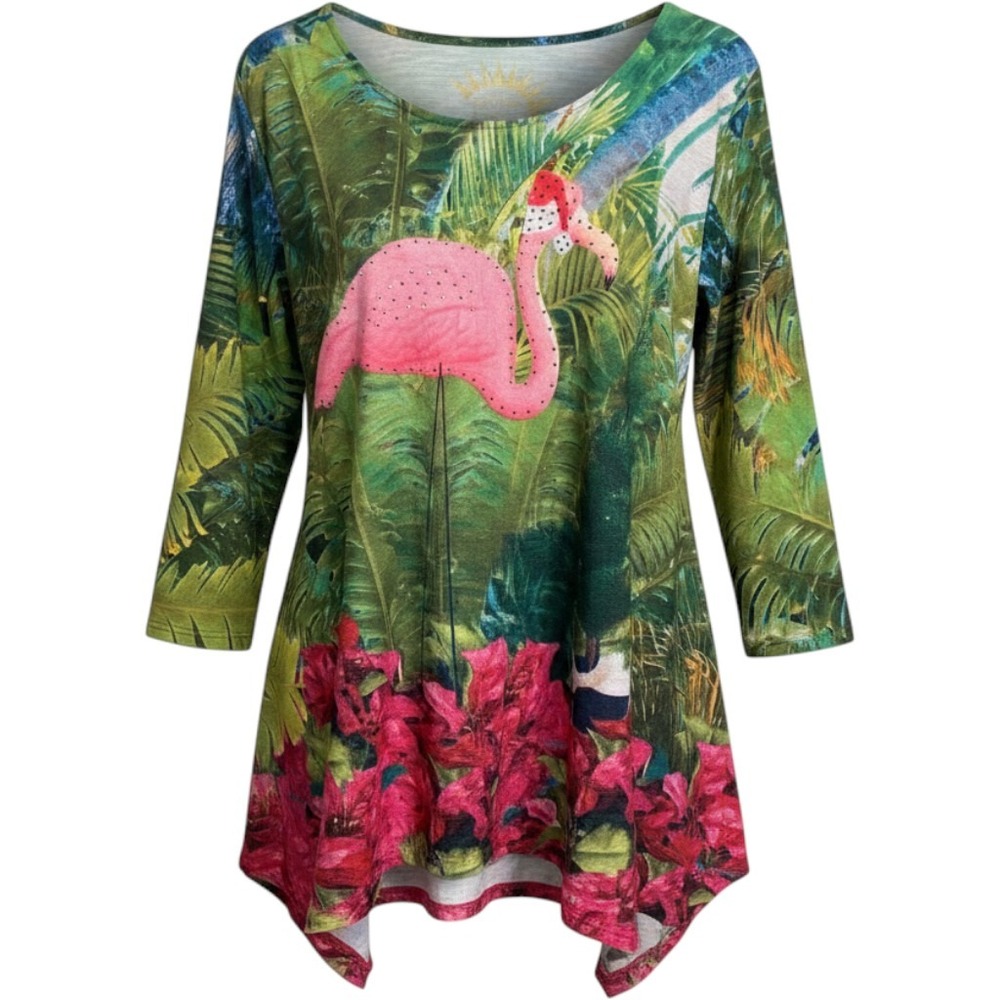 Sun Bay Flamingo Christmas Tropical Tunic Top Large UPF 30 3/4 Sleeve Green Pink